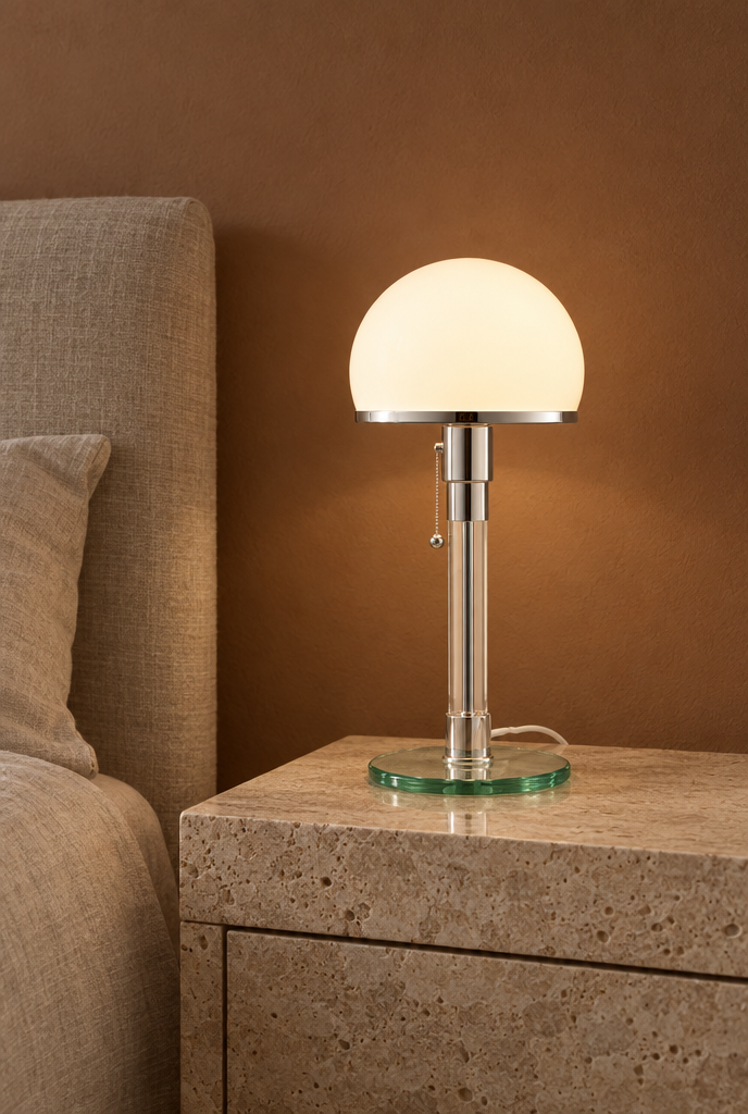 Bordslampa med vit glaskupa, kromdetaljer och glasfot