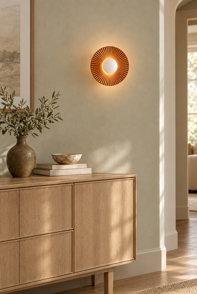 Rund vägglampa med veckad metallskärm
