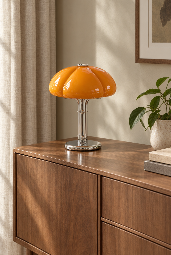 Bordslampa med orange glasskärm och kromfot