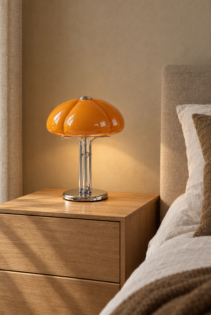 Bordslampa med orange glasskärm och kromfot