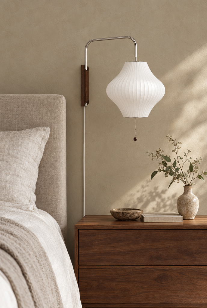 Vägglampa med veckad textilskärm och svängarm