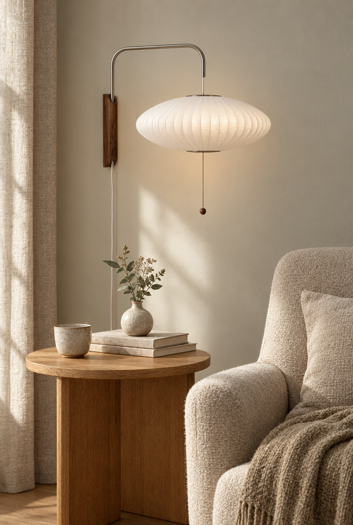 Vägglampa med veckad textilskärm och svängarm