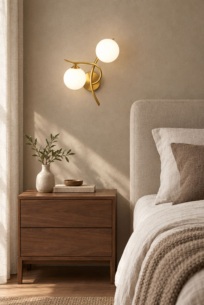 Vägglampa med två opalglober och böjda armar