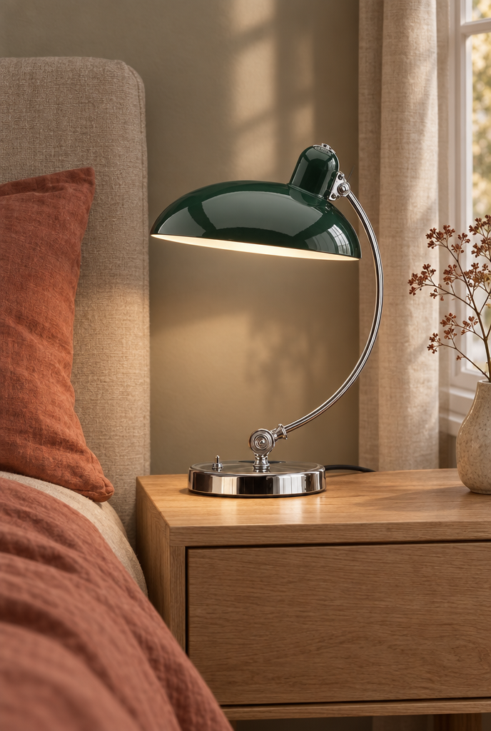Hemton – Bauhaus bordslampa med välvd kromarm