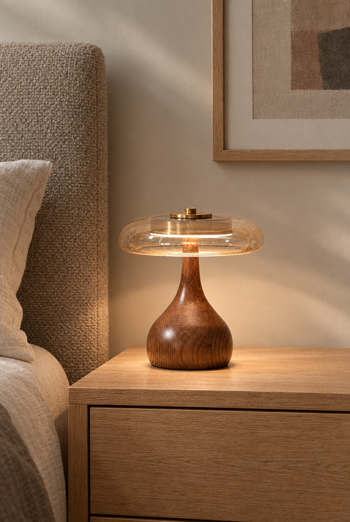 Bordslampa med glasskärm och varm träton