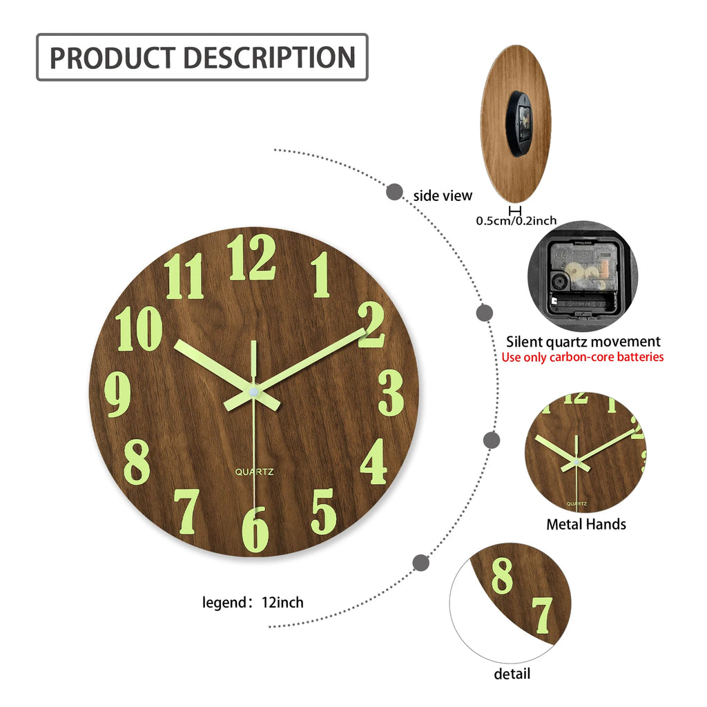12 Inch Luminous Wall Clock Wood Silent Light in Dark Night Nordic Fashion Wall Clock Non Ticking Clock with Night Light