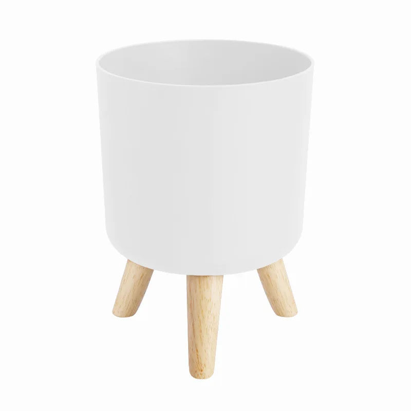 Minimalist Indoor Plant Pot Self Watering Plastic Planter with Wooden Legs Modern round Container for Home Decor