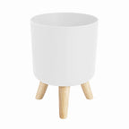 Minimalist Indoor Plant Pot Self Watering Plastic Planter with Wooden Legs Modern round Container for Home Decor