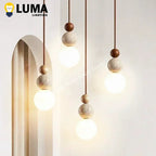 Luma Cream Style Yellow Travertine Pendant Lights, Nature Stone Wood Hanging Lamps for Bedroom Bedside Restaurant Kitchen Island