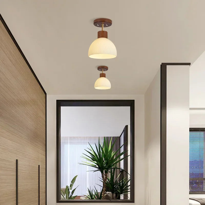 Nordic Wood Glass Ceiling Light Modern Art Striped Glass Corridor Ceiling Lamp for Kitchen Walkway Porch Indoor Lighting Lixture