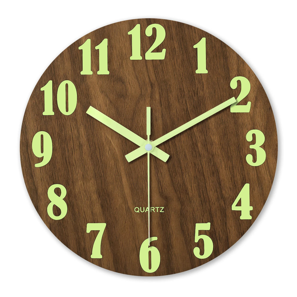 12 Inch Luminous Wall Clock Wood Silent Light in Dark Night Nordic Fashion Wall Clock Non Ticking Clock with Night Light