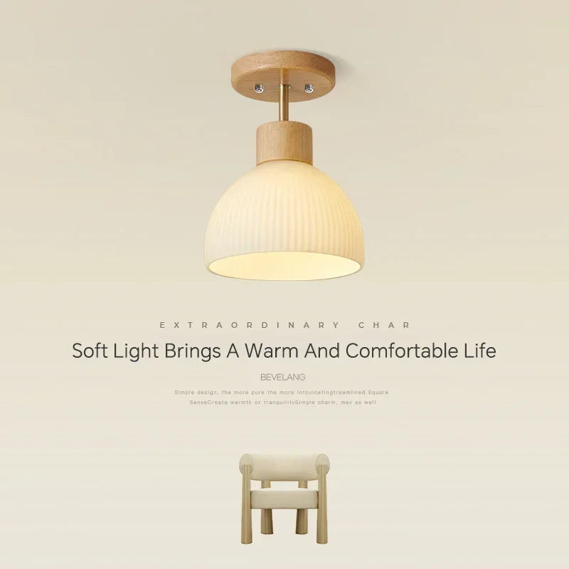 Nordic Wood Glass Ceiling Light Modern Art Striped Glass Corridor Ceiling Lamp for Kitchen Walkway Porch Indoor Lighting Lixture