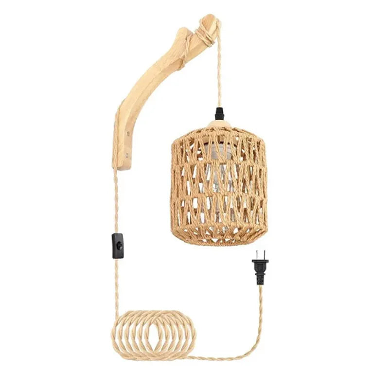 Led Rattan Wall Lamp Bedroom Living Room Woven Light Bedside Lamps E27 Retro Hemp Rope Lights Interior Decoration Fixtures