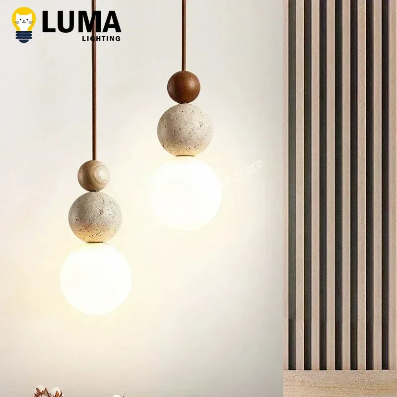 Luma Cream Style Yellow Travertine Pendant Lights, Nature Stone Wood Hanging Lamps for Bedroom Bedside Restaurant Kitchen Island