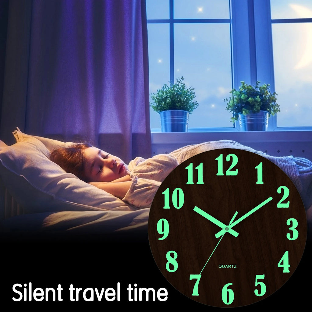 12 Inch Luminous Wall Clock Wood Silent Light in Dark Night Nordic Fashion Wall Clock Non Ticking Clock with Night Light