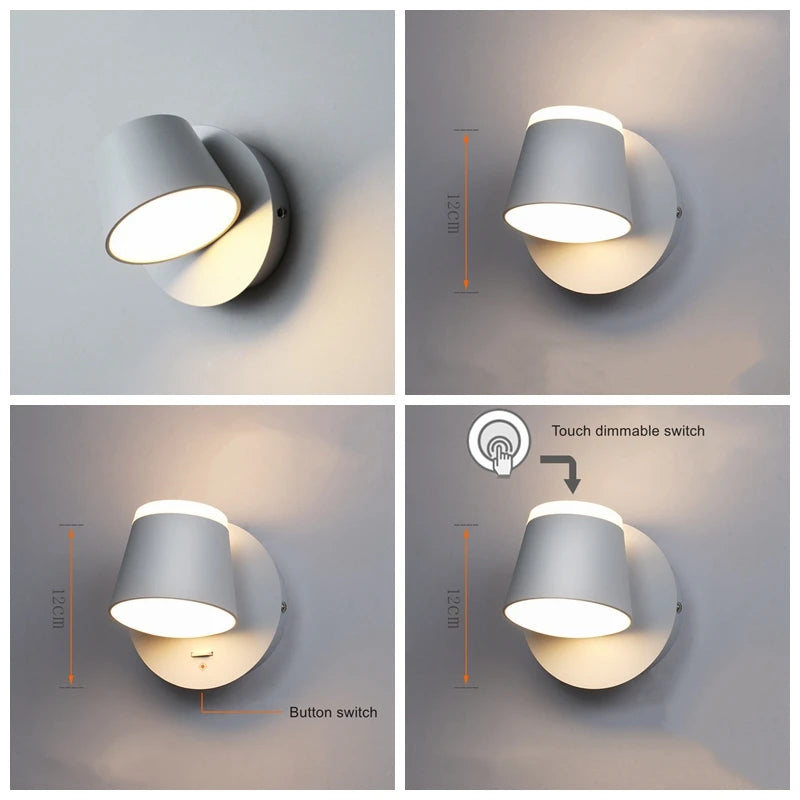 Nordic Indoor LED Wall Lamp with Switch 350 Degrees Rotatable Single Head Bedside Reading Light Hotel Bedroom Sconce Lighting