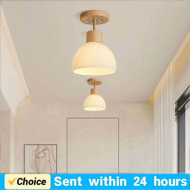Nordic Wood Glass Ceiling Light Modern Art Striped Glass Corridor Ceiling Lamp for Kitchen Walkway Porch Indoor Lighting Lixture