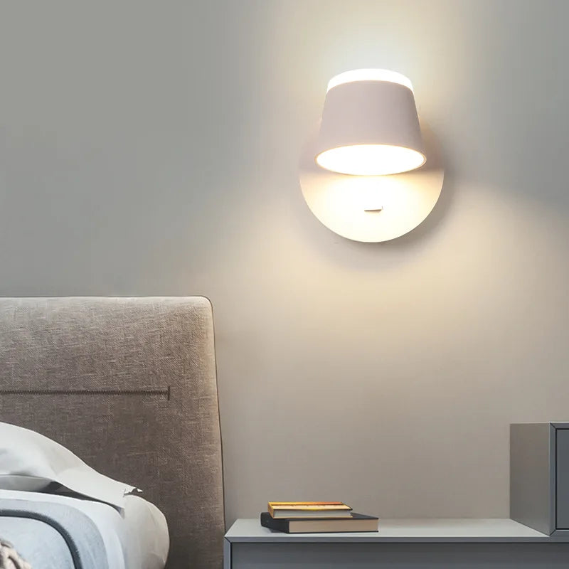 Nordic Indoor LED Wall Lamp with Switch 350 Degrees Rotatable Single Head Bedside Reading Light Hotel Bedroom Sconce Lighting