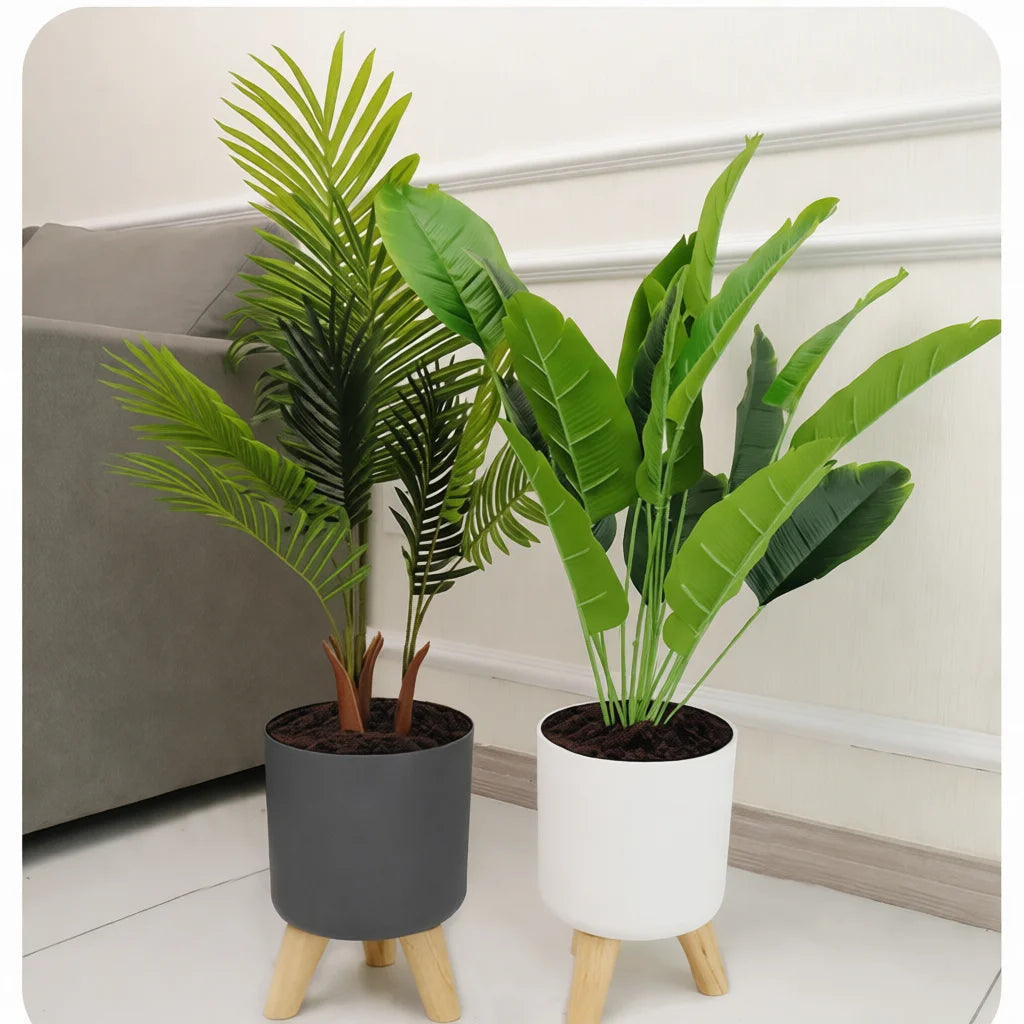 Minimalist Indoor Plant Pot Self Watering Plastic Planter with Wooden Legs Modern round Container for Home Decor