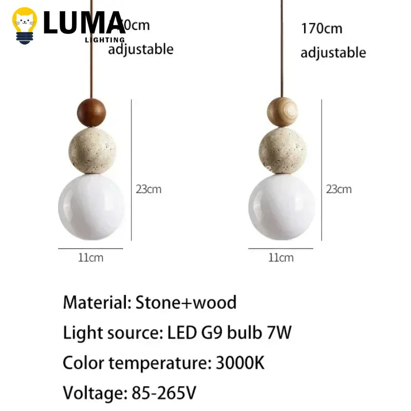 Luma Cream Style Yellow Travertine Pendant Lights, Nature Stone Wood Hanging Lamps for Bedroom Bedside Restaurant Kitchen Island