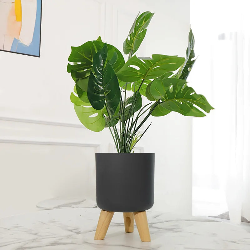 Minimalist Indoor Plant Pot Self Watering Plastic Planter with Wooden Legs Modern round Container for Home Decor