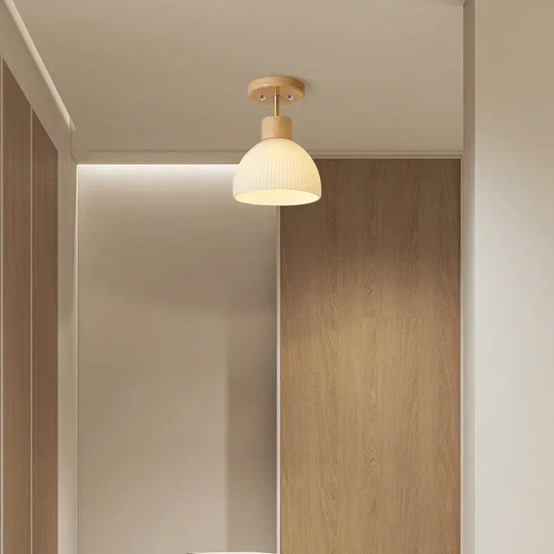 Nordic Wood Glass Ceiling Light Modern Art Striped Glass Corridor Ceiling Lamp for Kitchen Walkway Porch Indoor Lighting Lixture