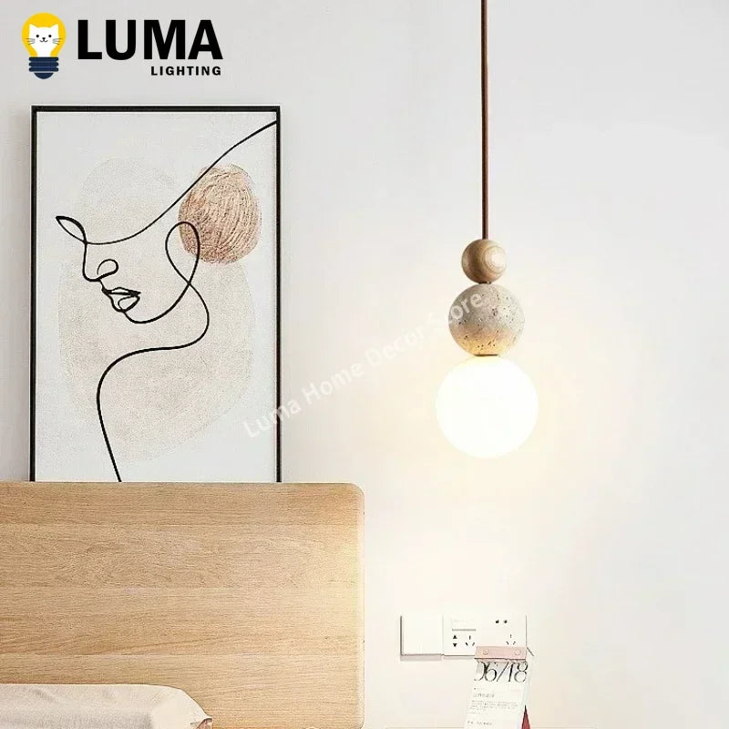 Luma Cream Style Yellow Travertine Pendant Lights, Nature Stone Wood Hanging Lamps for Bedroom Bedside Restaurant Kitchen Island