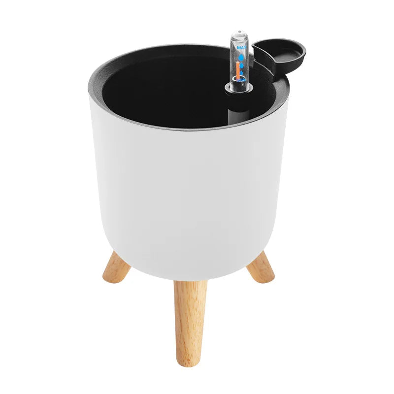 Minimalist Indoor Plant Pot Self Watering Plastic Planter with Wooden Legs Modern round Container for Home Decor