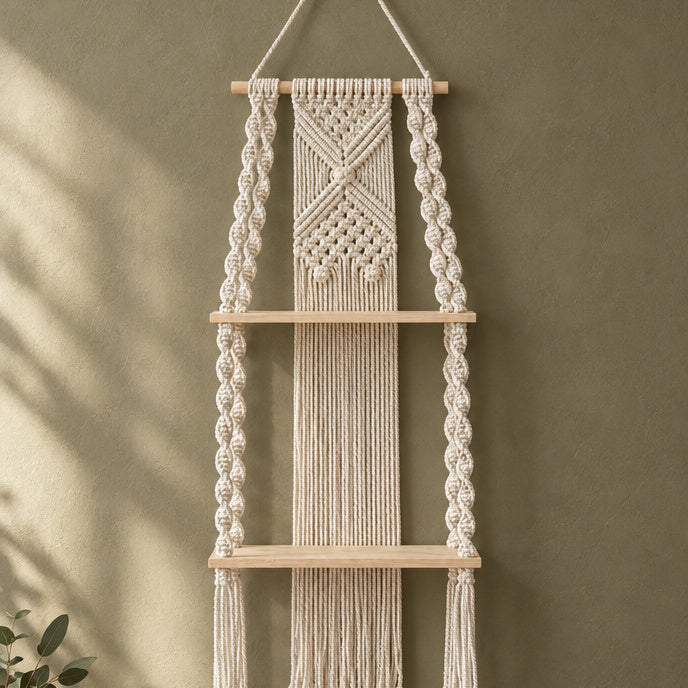 Vägghylla med makramé – Tuva – 32 × 70 cm / L – produktfokuserad miljöbild