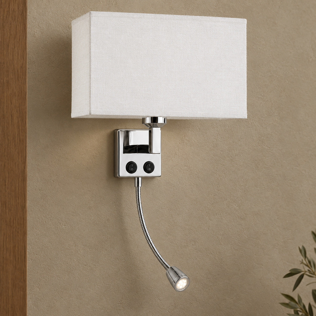 Vägglampa med lässpot och tygskärm – Läsvi – modell B-vit – produktfokuserad miljöbild
