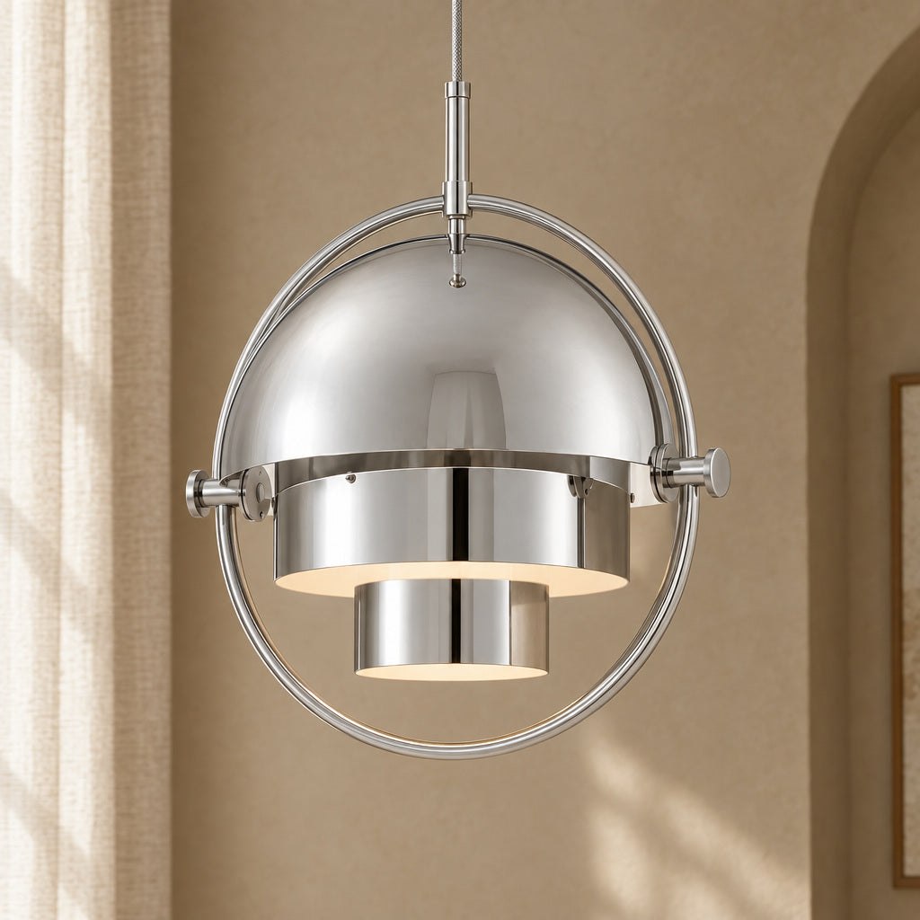 Pendellampa med formbar metallskärm – Forma – silverfärgad / Ø 38 cm / varmvitt – produktfokuserad miljöbild