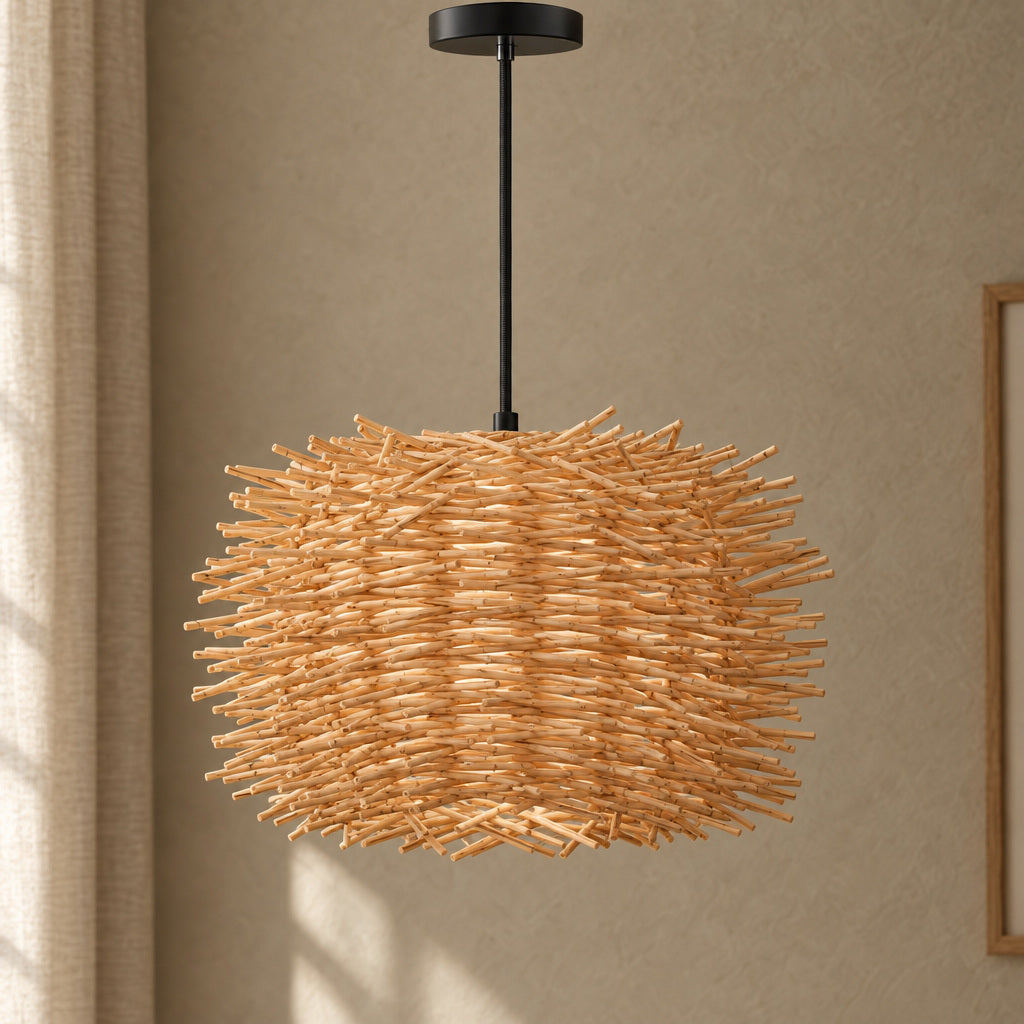 Pendellampa med bambu och flätning – Bambra – modell J / utan ljuskälla – produktfokuserad miljöbild