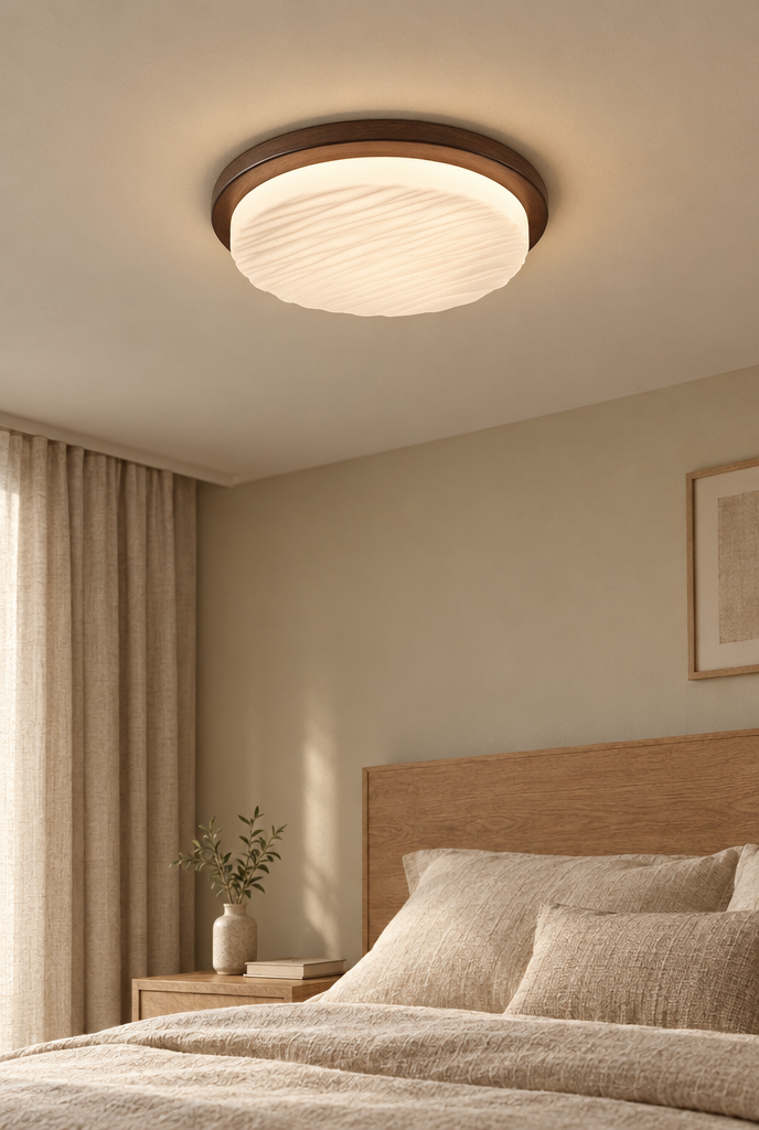 Rund plafond i valnötsfärg med strukturerad diffusor