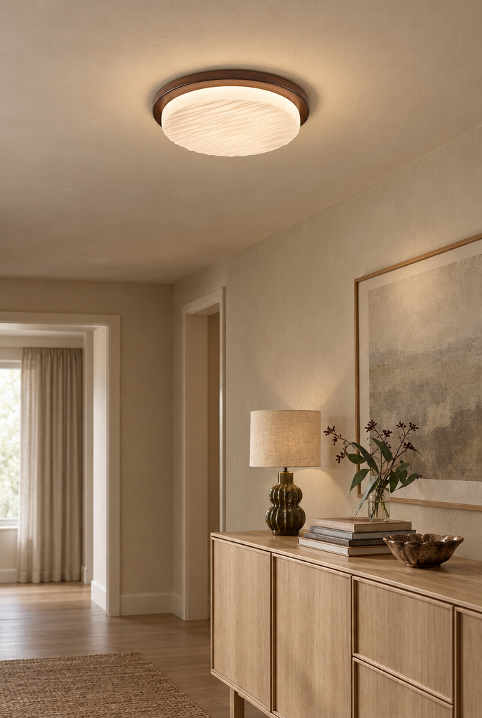 Rund plafond i valnötsfärg med strukturerad diffusor