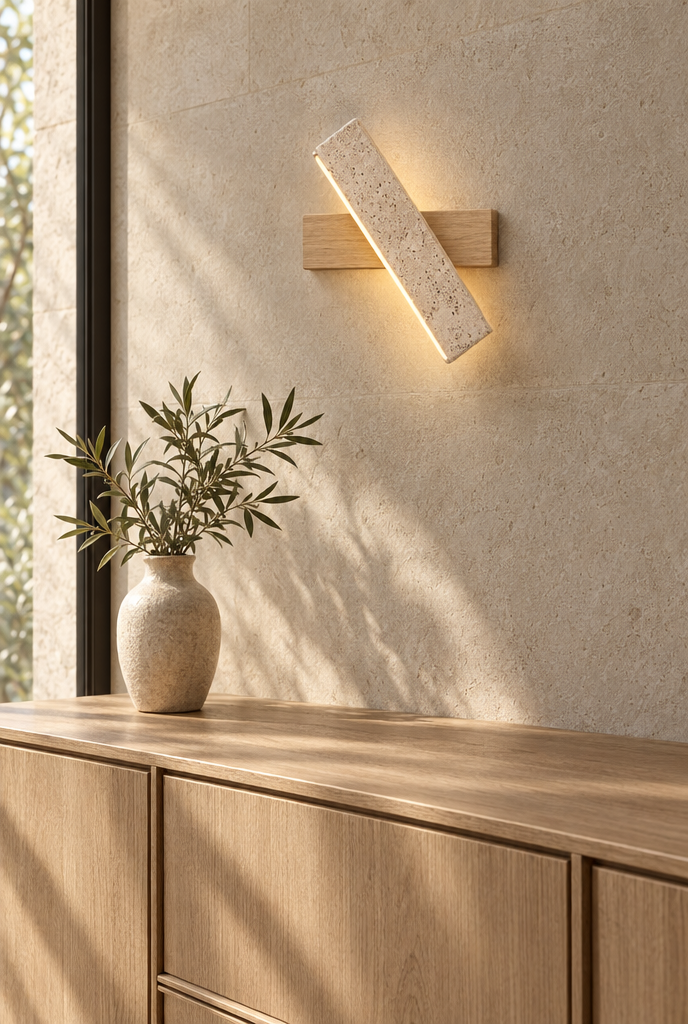 Vägglampa med stenstav och träfäste