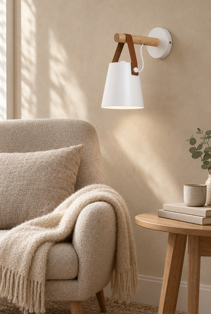 Vägglampa med träarm och brun upphängningsrem