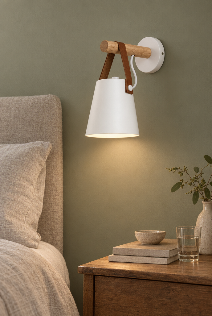 Vägglampa med träarm och brun upphängningsrem
