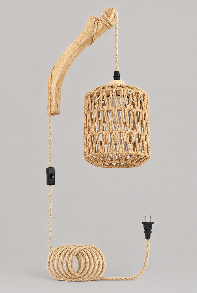 Vägglampa med vävd skärm och träarm