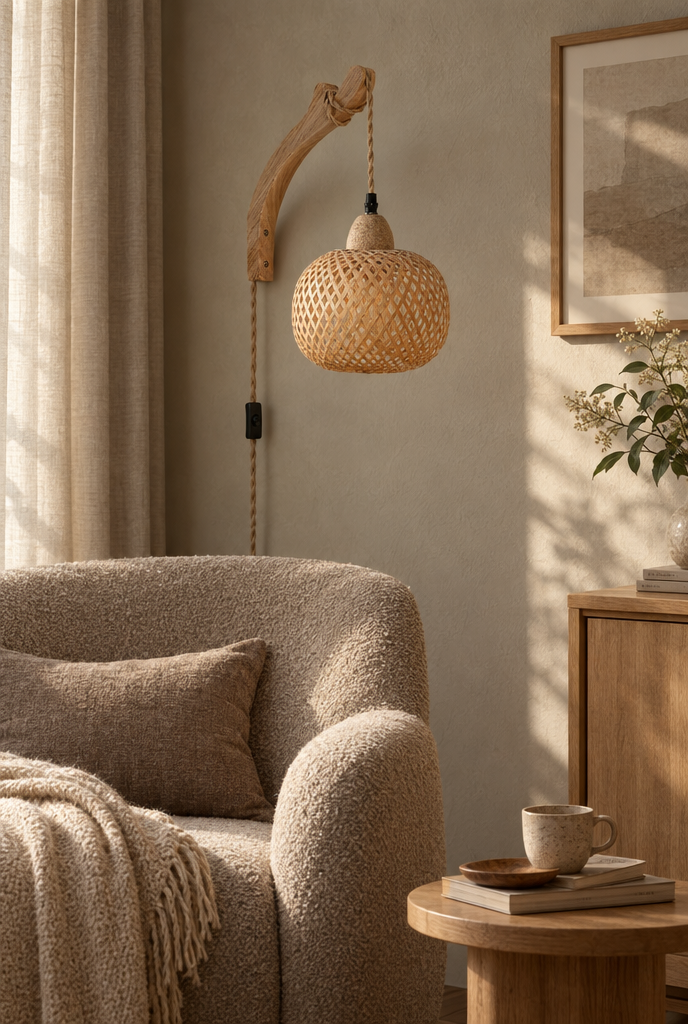 Vägglampa med vävd skärm och träarm