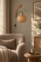 Vägglampa med vävd skärm och träarm