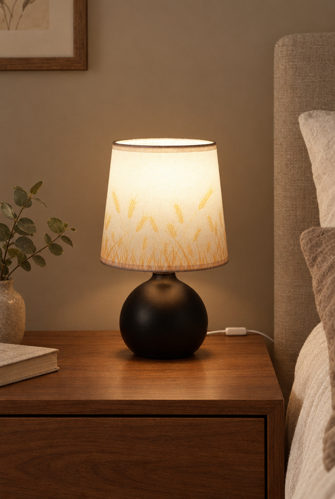 Bordslampa med tygskärm och svart fot