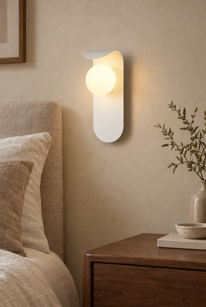 Vägglampa med opalglob och böjd platta