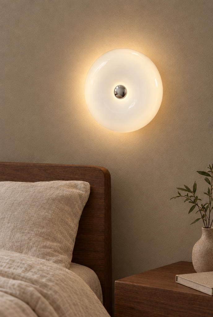 Rund vägglampa i glas med kromdetalj