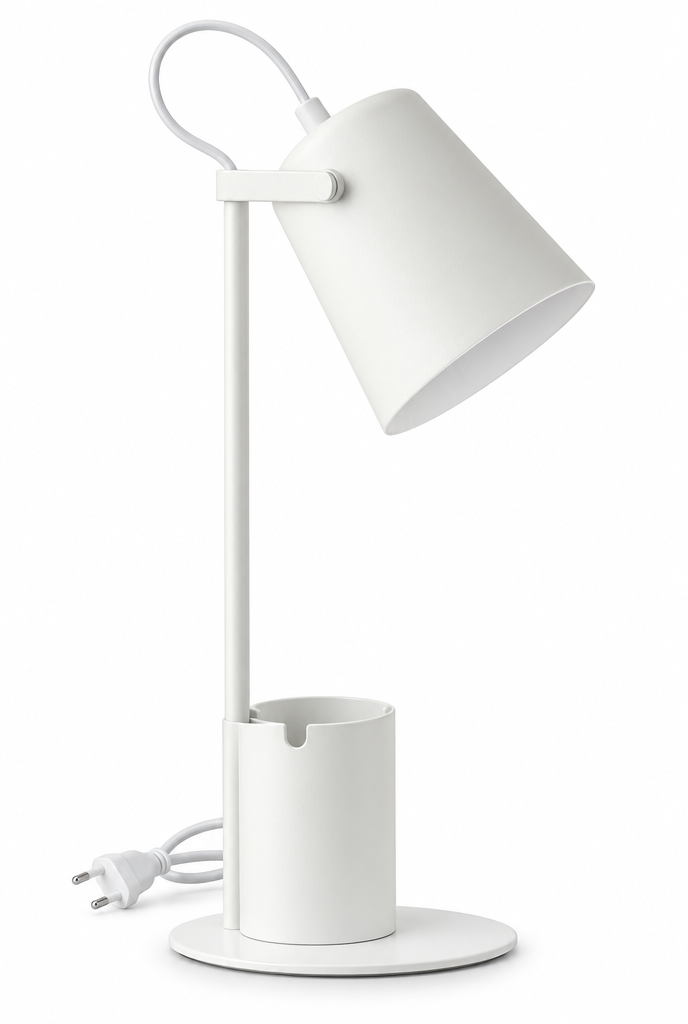 Bordslampa med ställbar skärm och pennhållare – vit bakgrund