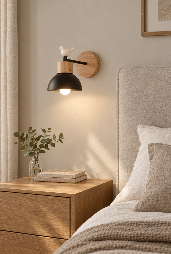 Vägglampa med träfäste och rund metallskärm
