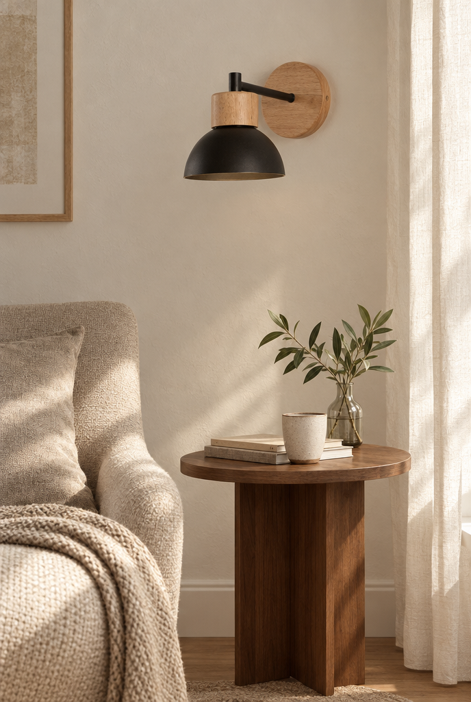 Vägglampa med träfäste och rund metallskärm