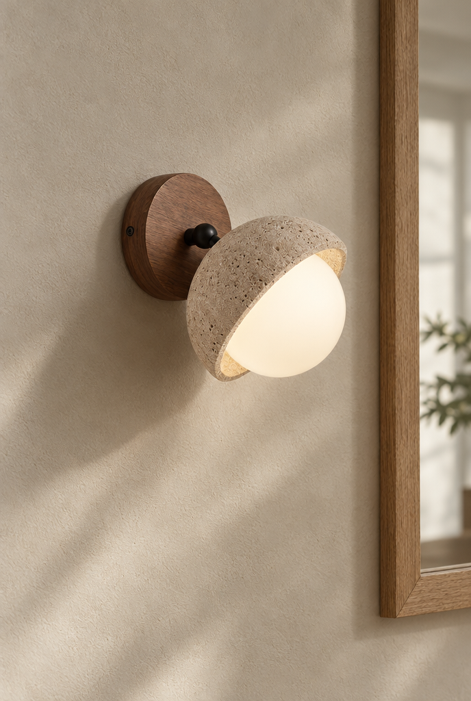 Vägglampa med stenskärm och träfäste