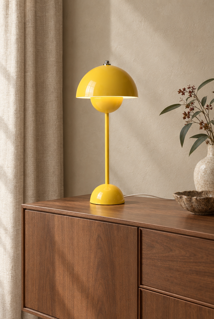 Gul bordslampa på en skänk i trä