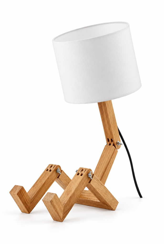 Bordslampa med ledad träfot – vit bakgrund