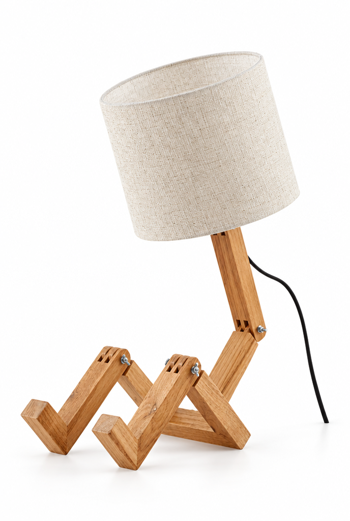 Bordslampa med ledad träfot – vit bakgrund